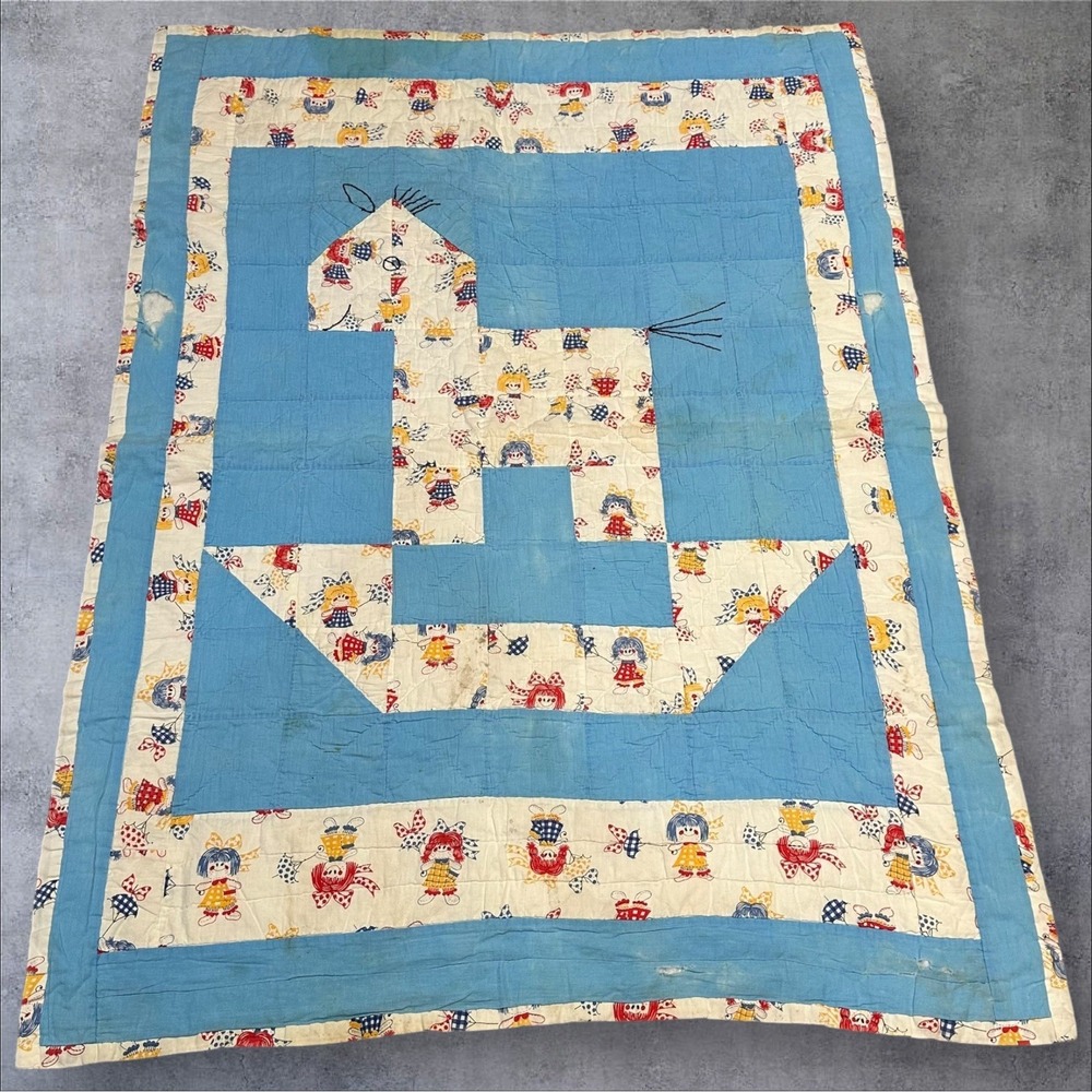 Vtg Hand Stitched Quilt Rocking Horse Pattern Baby Crib 38X35 Wall Hanging READ